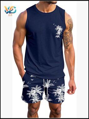 Men's 2 Piece Short Set Tropical Print Tank and Shorts